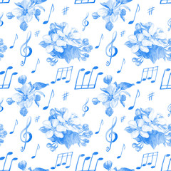 Notes and flowers, watercolor seamless pattern. - 328343814