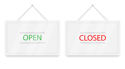 Red Closed and green Open hanging door signs. White sign with shadow isolated on transparent background. Realistic vector illustration