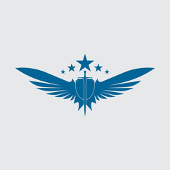 The winged sword with shield vector icon.