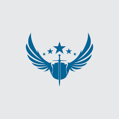 The winged sword with shield vector icon.