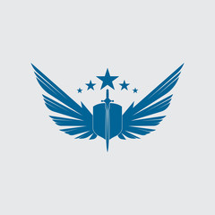 The winged sword with shield vector icon.