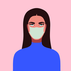 Flat portrait of young woman wear mask on occasion coronavirus