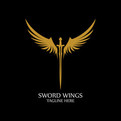 Obraz premium Sword with Wings. Golden Sword Symbol on Black Background.