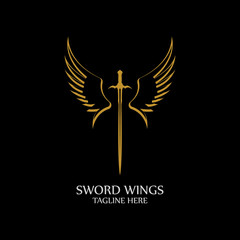 Obraz premium Sword with Wings. Golden Sword Symbol on Black Background.