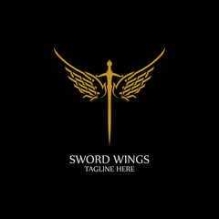 Sword with Wings. Golden Sword Symbol on Black Background.