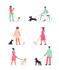 Vector illustration set people with dogs stand and walking outside. Happy people walking with funny dogs. Illustrations in cartoon flat style.