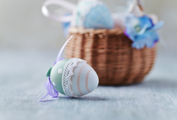 Colorful Easter Eggs. Bright wooden background.