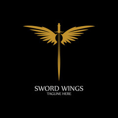 Sword with Wings. Golden Sword Symbol on Black Background.