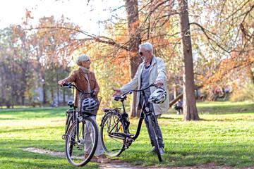 Senior couple with bycicles and helmets in park