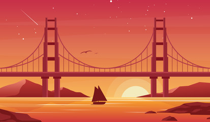Bridge and boat at sunset flat vector illustration. Beautiful San Francisco landscape, pleasure boat with Golden Gate bridge on background. Sailboat silhouette at dusk. Picturesque evening view.