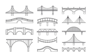 Vector illustration set of bridges icons. Types of bridges. Linear style icon collection of different bridges. Possible use in infographic design, urbanistic concept elements.