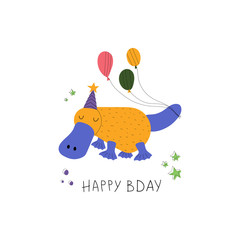 Hand drawn colorful kids birthday greeting card template. Cute platypus with balloons and text Happy Bday. Flat vector illustration