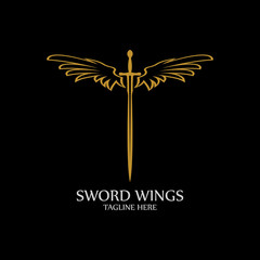 Sword with Wings. Golden Sword Symbol on Black Background.