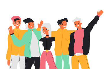 Obraz premium Vector cartoon illustration of happy friends smiling and posing for Photo. Young friends, boys and girls hugging. Friendship concept.