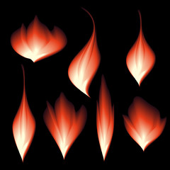 Isolated fire flames on a black background. Vector logo set.