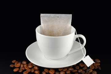 Dip Coffee in white cup with dark background