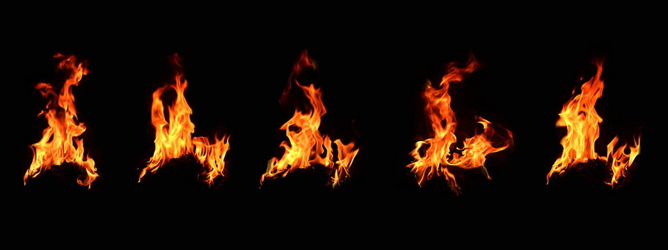 Set of 5 flame images, set on a black background. Fire heat energy