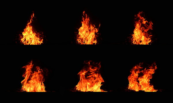 The set of 6 thermal energy flames image set on a black background. Yellow red heat energy