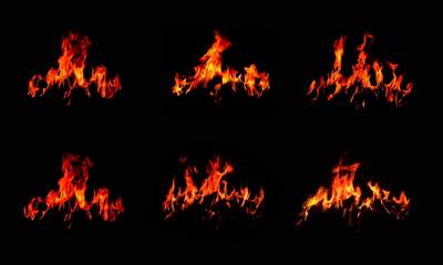 Set of 6 flame images, set on a black background. Thermal power