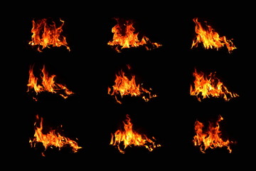 Set of 9 flame images on a black background Fire heat energy