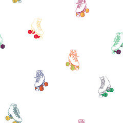 Vector Fun Rainbow Colors Roller Skates on White seamless pattern background.