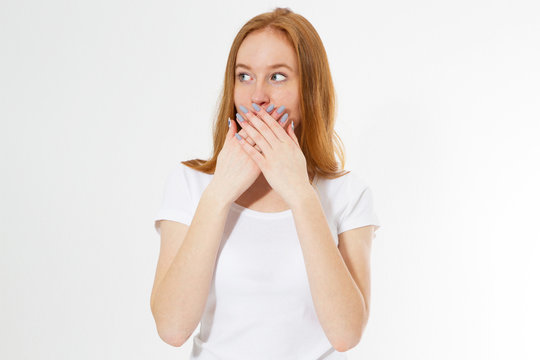 Young Red-head Woman Covering Her Mouth, Isolated On White, Girl Talk Too Much