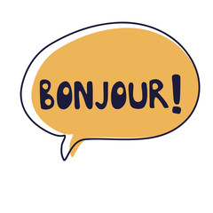 Bonjour in a trendy yellow bubble. Cartoon or comic bubble. Vector illustration
