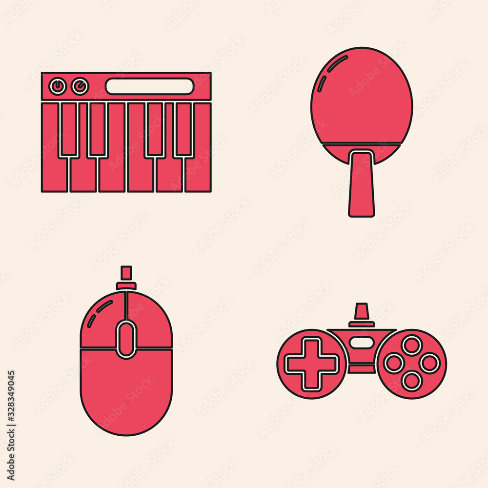 Poster set gamepad, music synthesizer, racket for playing table tennis and computer mouse icon. vector