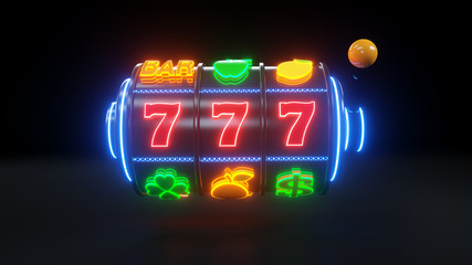 Slot Machine With Fruit Icons. Jackpot And Fortune. Casino Gambling Concept With Blue Neon Lights - 3D Illustration