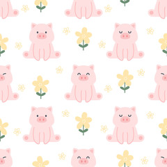 Cute pig and flowers seamless pattern background