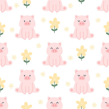 Cute pig and flowers seamless pattern background