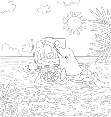 Small dolphin drawing a funny picture of a toy sailing ship in water of a tropical beach on a sunny summer day, black and white vector cartoon illustration for a coloring book page