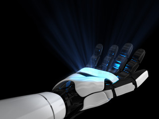 Robot hand with light glow on hand on black background. 3D rendering.