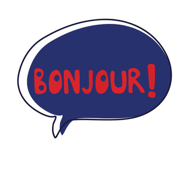 Bonjour in a trendy yellow bubble. Cartoon or comic bubble. Vector illustration