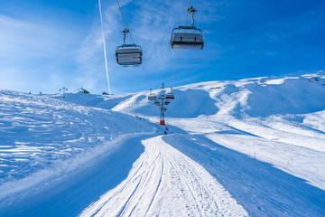 Cablecar (Mannlichenbahn) on Mannlichen mountain in Grindelwald ski resort. Winter in Switzerland