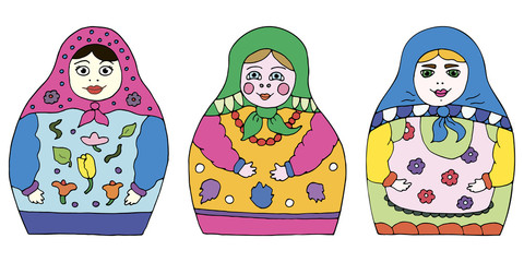 Set of nested dolls. Matryoshka (Babushka) vector colored hand drawn illustrations. Russian Souvenir, present.