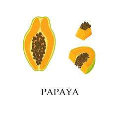 Juicy exotic papaya fruits, its halves and pieces, isolated on a white background. Vector hand drawn illustration.
