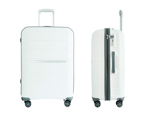 White suitcase isolated on white background. Polycarbonate suitcase isolated on white. White suitcase	