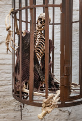 Inquisition cage with skeleton. Medieval cruel punishment
