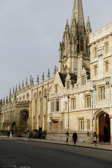 Main street in Oxford. Historic part of Oxford. Capture the vintage building architecture and exterior design in Oxford. Spring in Oxford. 