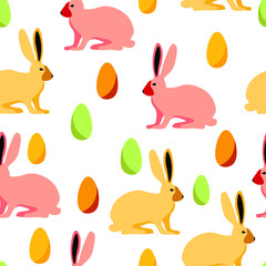 Rabbits, bunnies easter eggs vector seamless pattern on white background. Concept for wallpaper, wrapping paper , cards 