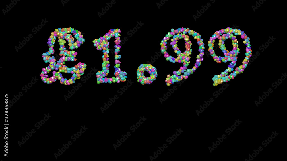 Poster colorful 3d writting of £1.99 text with small objects over a dark background and matching shadow