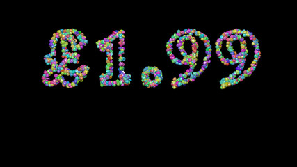 Colorful 3D writting of £1.99 text with small objects over a dark background and matching shadow