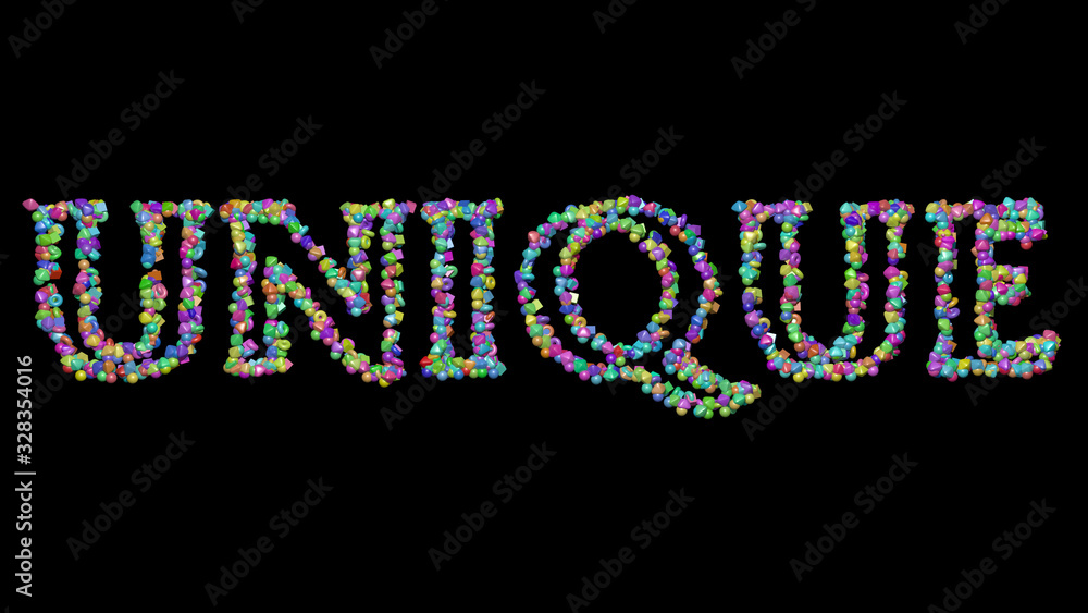 Poster unique written in 3d illustration by colorful small objects casting shadow on a black background