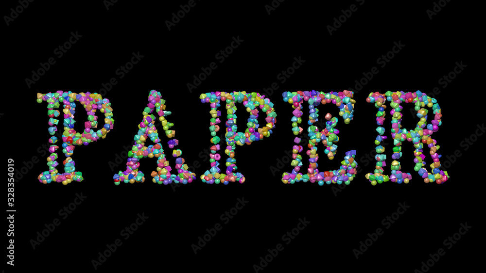 Poster colorful 3d writting of paper text with small objects over a dark background and matching shadow