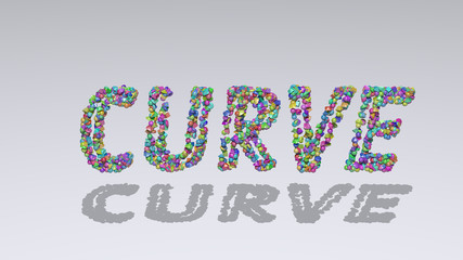 CURVE: 3D illustration of the text made of small objects over a white background with shadows
