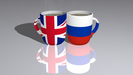 United Kingdom And Russia: relationship or conflict on a pair of coffee cups for editorial and commercial use
