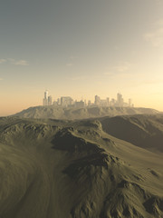 Science fiction illustration of a future city on a desolate mountain top, 3d digitally rendered illustration © Algol