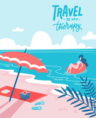 Fototapeta na wymiar Young woman on beautiful palm beach on swim rubber ring. Sandy beach with an umbrella and a spread towel. Summer holiday flat vector illustration with lettering Travel is my therapy