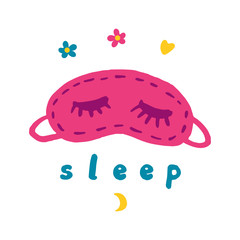 Pink cute sleep mask, cartoon style. Travel summer thing, colorful illustration accessory, isolated
